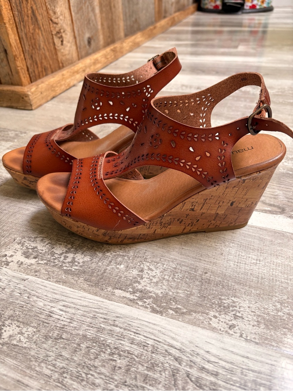 Maurices Cognac Brown Laser-Cut Leather Slingback wedge Sandals